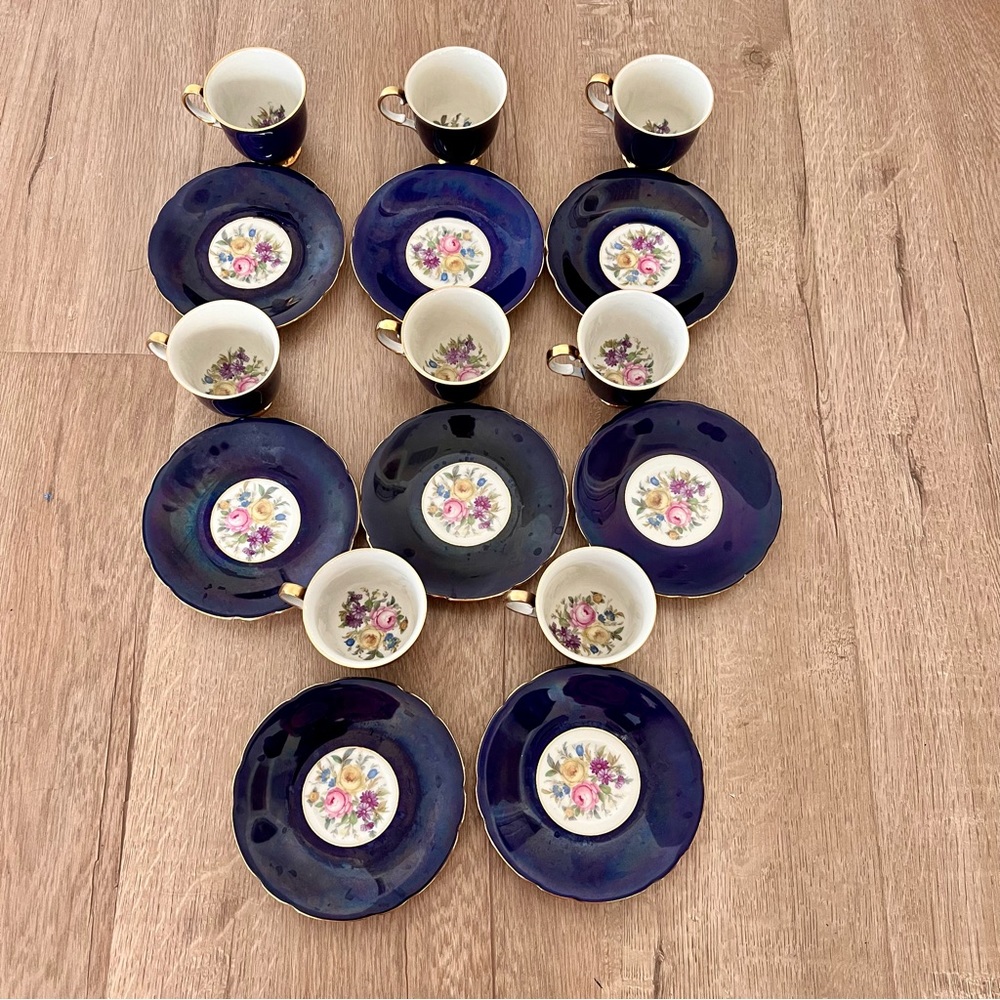 Set Of 8 CCC Imperial Bohemian Cobalt Blue Demitasse Cups & Saucers Vintage Mint